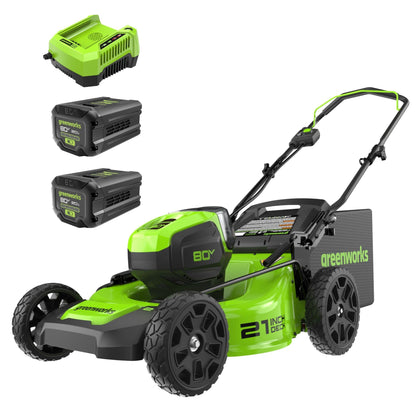 Greenworks 80V 21-inch mower deck close-up, showing durable steel construction for tough yards.