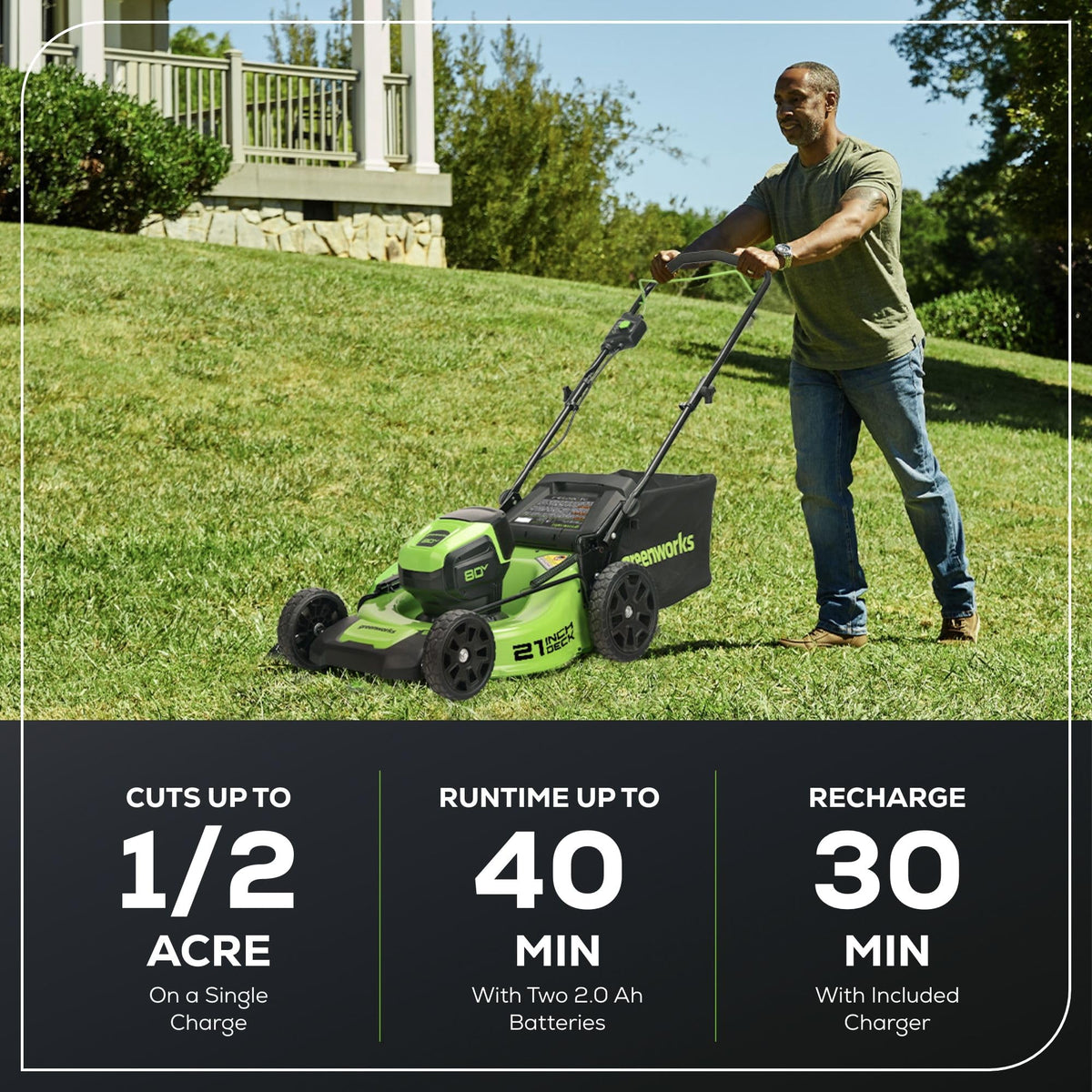 Greenworks 80V 21-inch mower front view with wide wheels for stability.