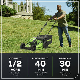 Greenworks 80V 21-inch mower front view with wide wheels for stability.