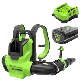 Greenworks 80V backpack blower showing 750 CFM capability for quick leaf clearing.