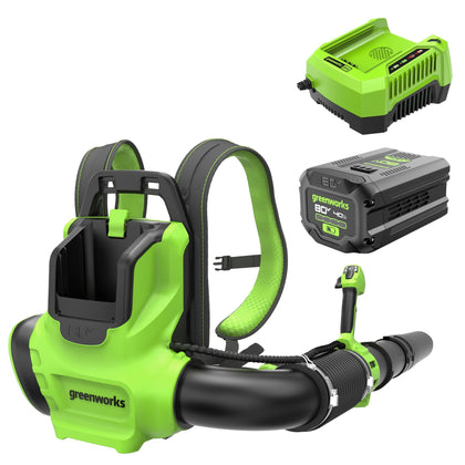 Greenworks 80V backpack blower showing 750 CFM capability for quick leaf clearing.