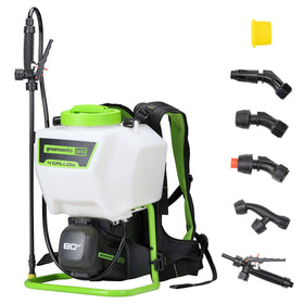 Greenworks 80V backpack sprayer shown with 70 psi for efficient outdoor spraying