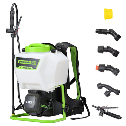 Greenworks 80V backpack sprayer shown with 70 psi for efficient outdoor spraying
