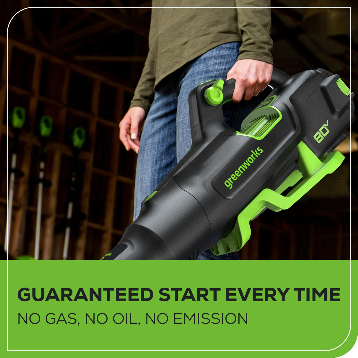 Greenworks 80V cordless blower operates quietly at 74 dB in residential use.