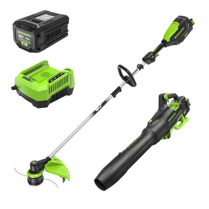 Greenworks 80V trimmer shows a 16-inch cutting path for fast edging.