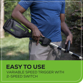 Greenworks 80V trimmer with variable speed trigger for precise control.