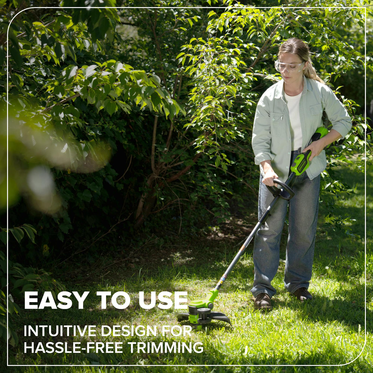 Adjustable shaft enables custom height for comfortable trimming.