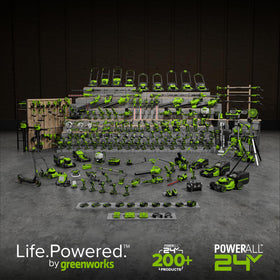 Auto-feed system on Greenworks trimmer ensures continuous cutting.
