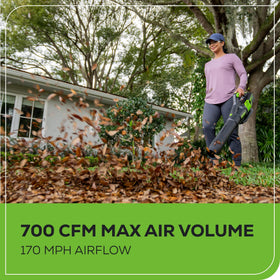 Greenworks axial blower nozzle concentrates air for debris removal in tight spaces.