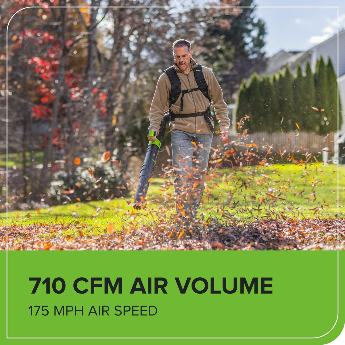 Greenworks 175 mph performance detail demonstrates ability to move wet leaves efficiently