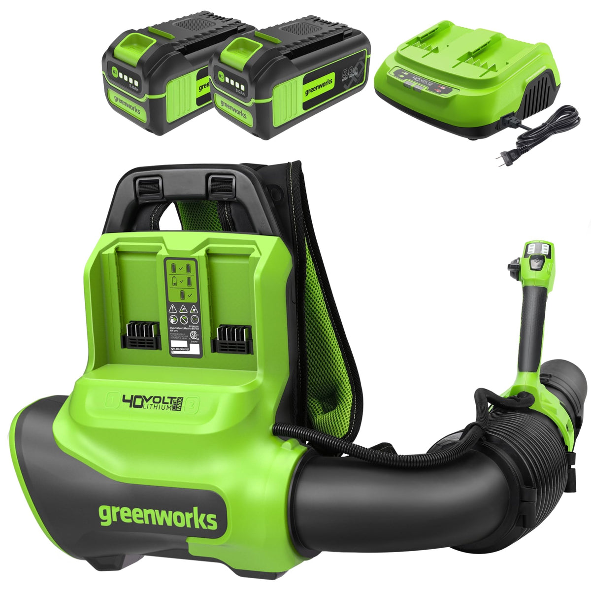 Greenworks backpack blower front view shows powerful airflow for tough debris