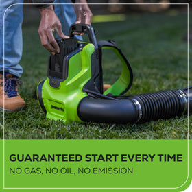 Greenworks backpack blower with Tri-Point Harness for balanced weight distribution.