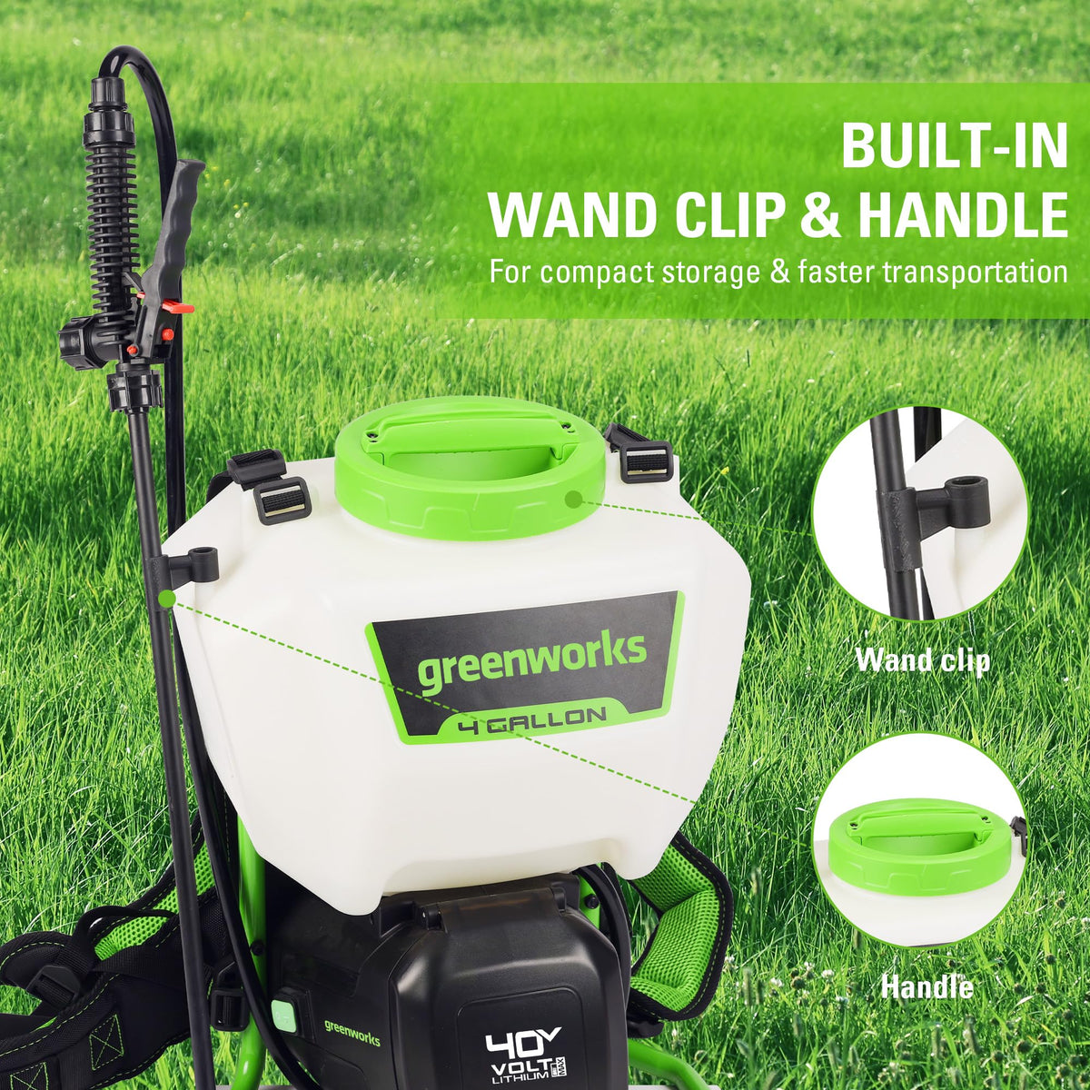 Greenworks 40V battery powers up to 120 gallons per charge.