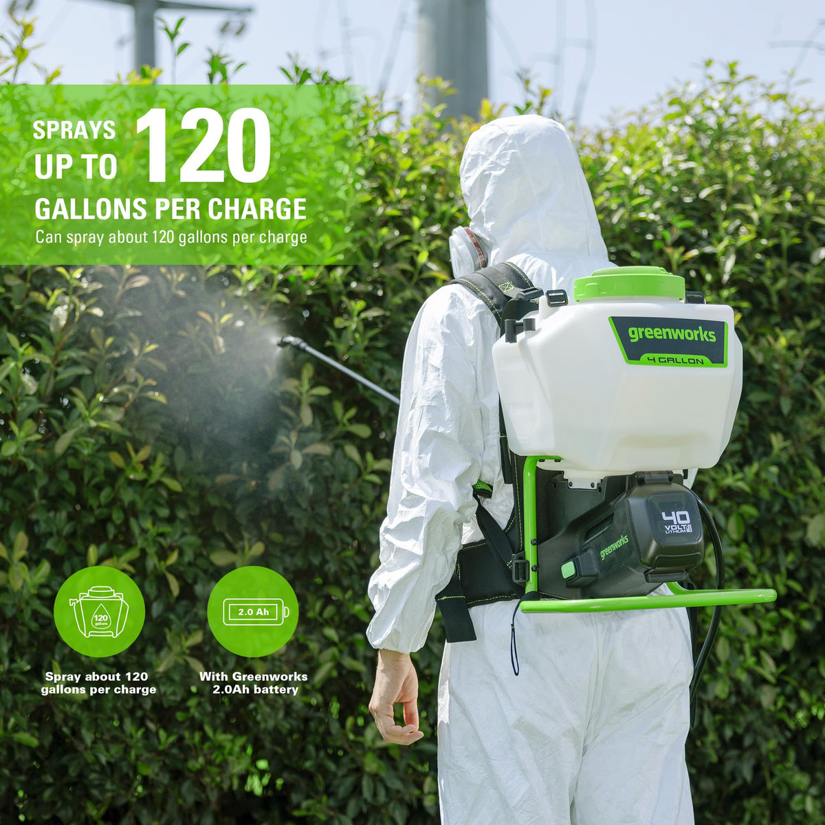 Greenworks backpack sprayer shows 25 ft spray reach for large areas.