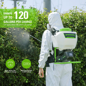 Greenworks backpack sprayer shows 25 ft spray reach for large areas.