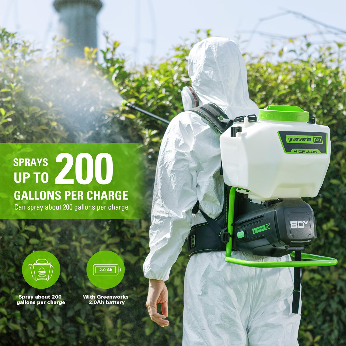 Greenworks backpack sprayer features a 4-gallon tank for extended coverage