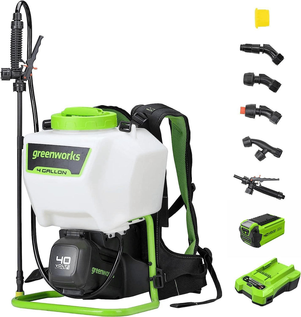 Greenworks backpack sprayer with 70 psi enables precise lawn application.