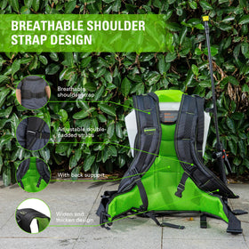 Greenworks backpack sprayer with ergonomic shoulder straps for comfortable wear.