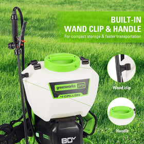 Greenworks backpack sprayer with five nozzle types for versatility.