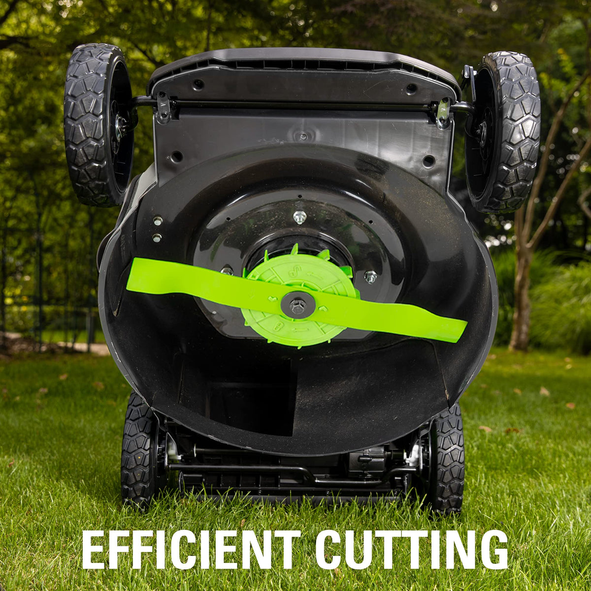 GreenWorks blade clearance note near deck edge visible in diagram.