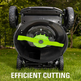 GreenWorks blade clearance note near deck edge visible in diagram.