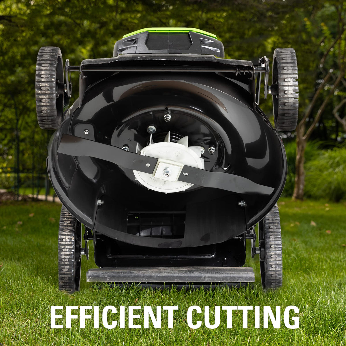 Greenworks blade in action showing efficient, even cutting performance.