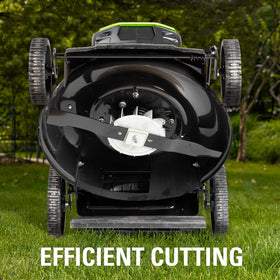 Greenworks blade in action showing efficient, even cutting performance.
