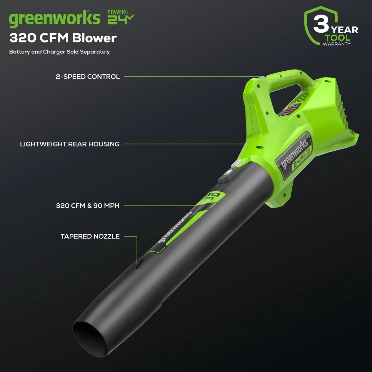Greenworks 320 CFM blower with two speeds for quick debris cleanup