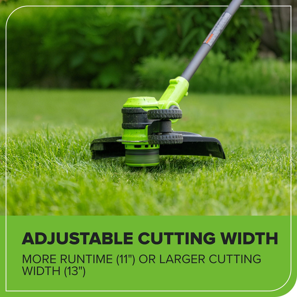 Greenworks brushless motor delivers quiet, gas-like power for quick cleanup.
