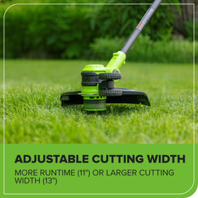 Greenworks brushless motor delivers quiet, gas-like power for quick cleanup.