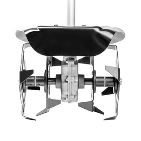 Greenworks cultivator attachment debris shield protecting the operator