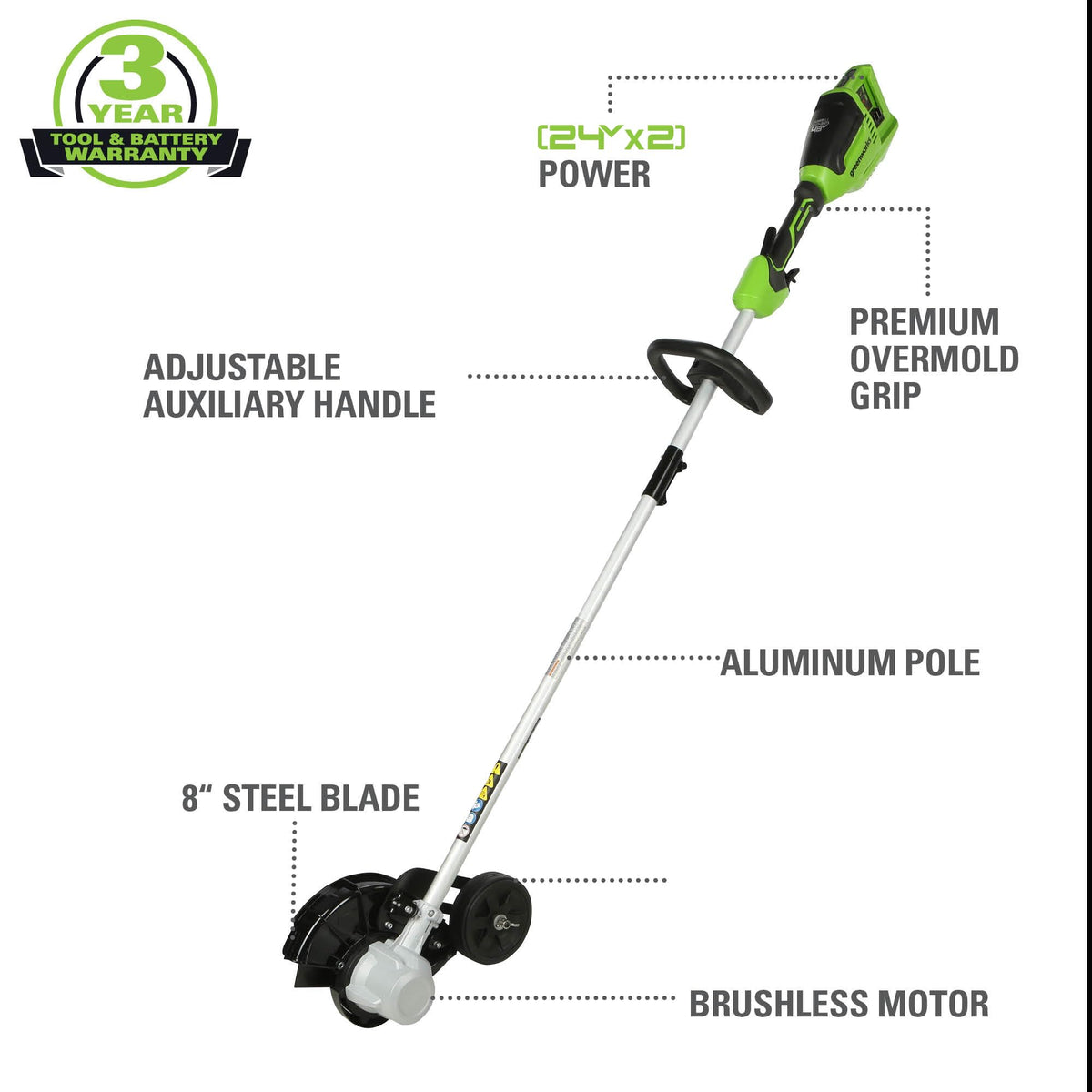 Greenworks edger curb wheel guides straight, clean margins.