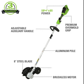 Greenworks edger curb wheel guides straight, clean margins.