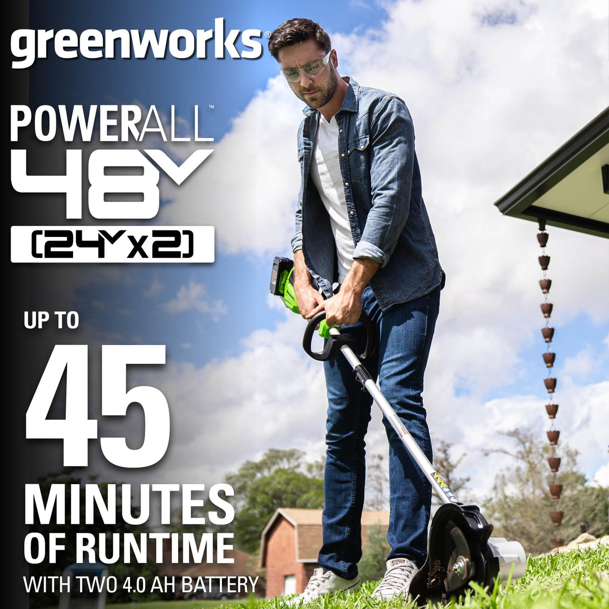 Greenworks dual-port charger recharges batteries quickly for less downtime.