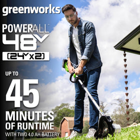 Greenworks dual-port charger recharges batteries quickly for less downtime.
