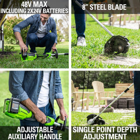 Greenworks edger features lightweight, ergonomic design for comfortable handling.