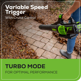 Greenworks ergonomic grip offers comfortable extended use during yard work.