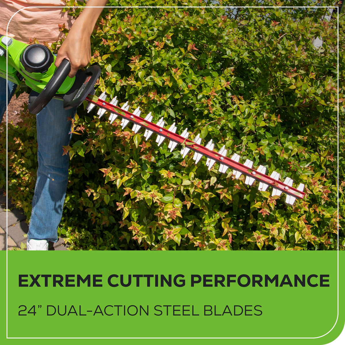 Greenworks 1-inch cutting capacity handles thicker branches for neat edges.