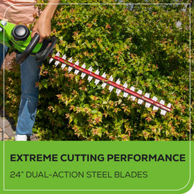 Greenworks 1-inch cutting capacity handles thicker branches for neat edges.