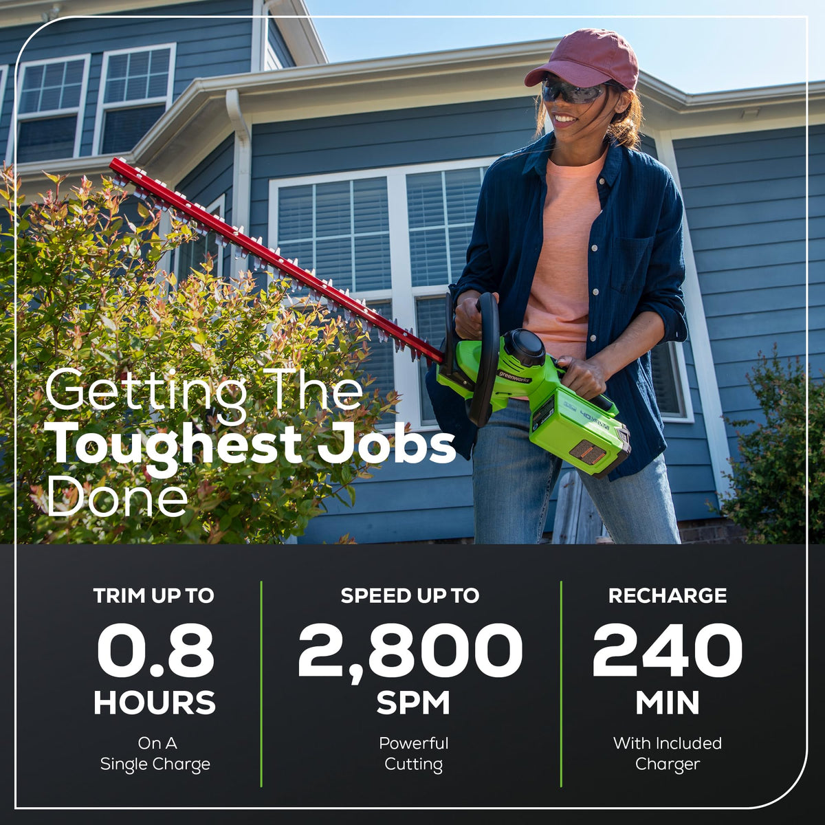 Greenworks cushioned overmold grip reduces fatigue during use.