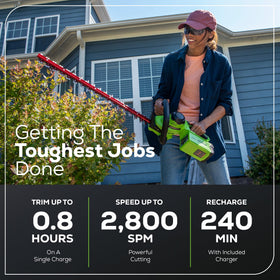 Greenworks cushioned overmold grip reduces fatigue during use.
