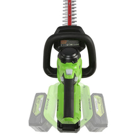 Greenworks hedge trimmer in action demonstrating smooth trimming.