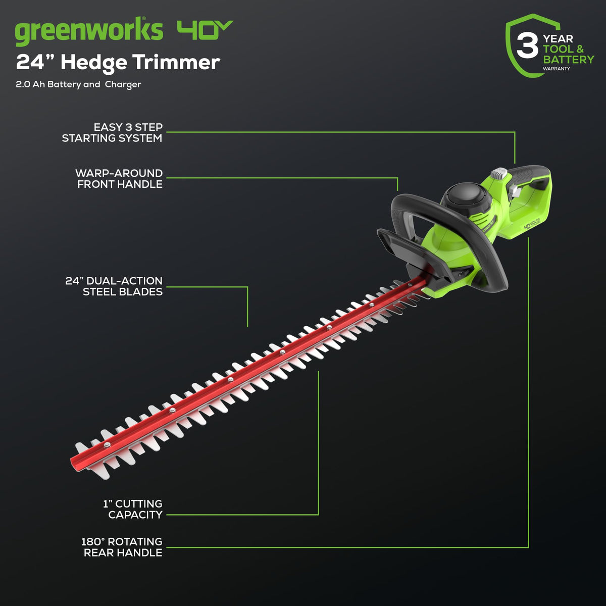 Greenworks hedge trimmer with wraparound handle for versatile angles.