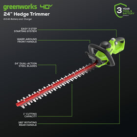 Greenworks hedge trimmer with wraparound handle for versatile angles.