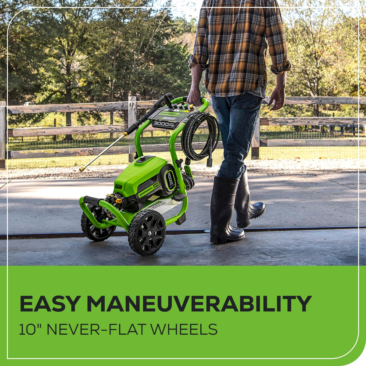 Greenworks included soap and turbo nozzles boost detergent cleaning