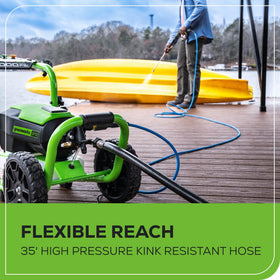 Close-up of Greenworks kink-free design for easier setup