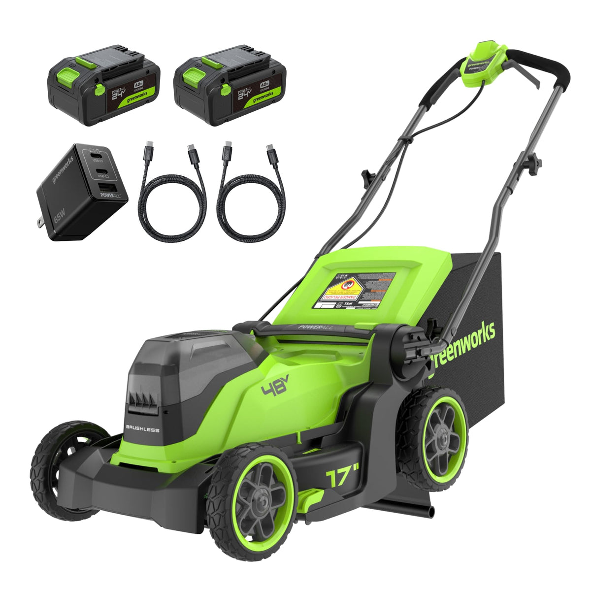 Greenworks lawn mower front view with compact 17 inch deck for precise cuts