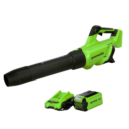 Greenworks axial leaf blower delivering 500 CFM for wet leaves