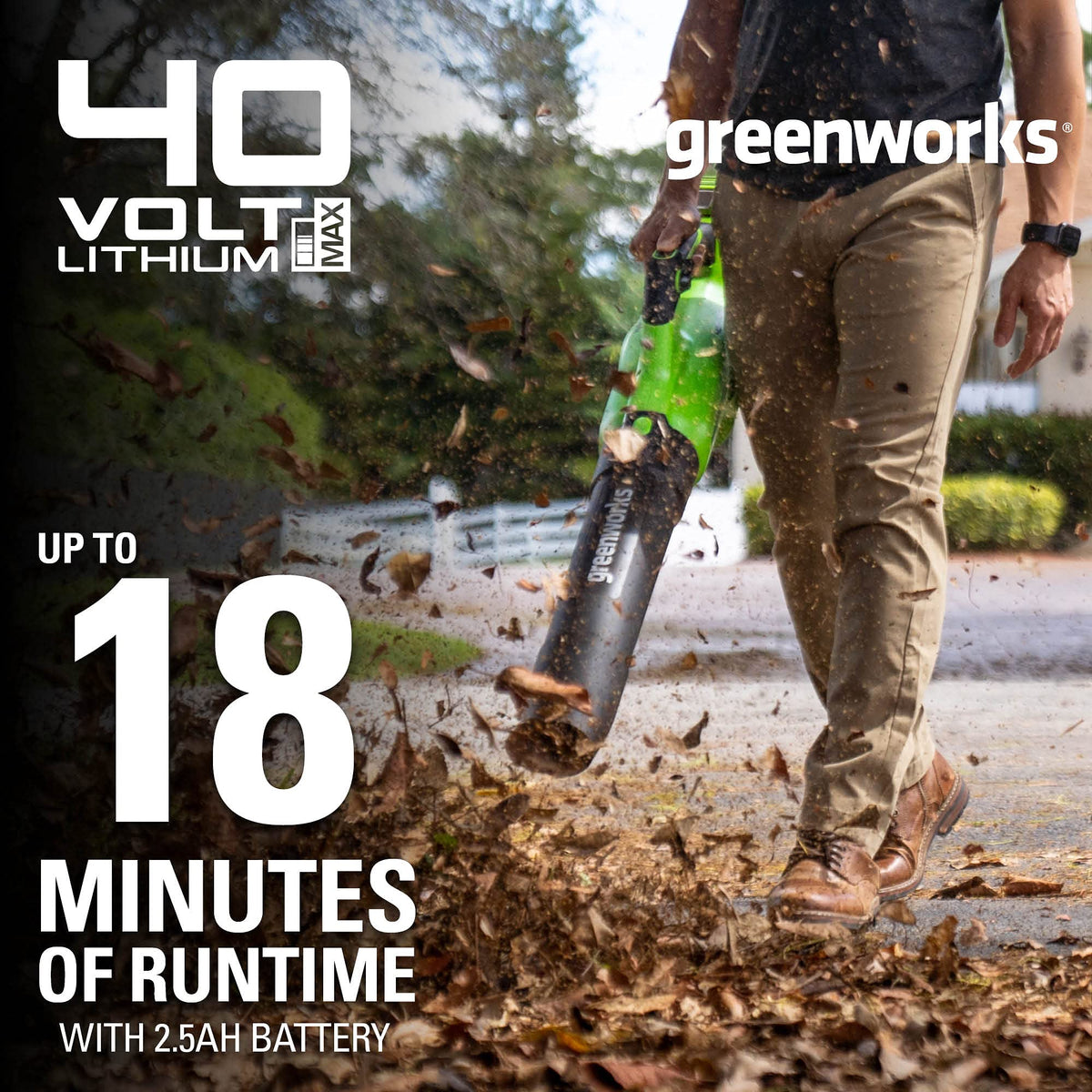 Pivoting nozzle on Greenworks blower for decks and gutters
