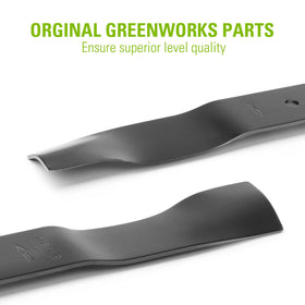 Greenworks one-piece steel blade emphasizes long-lasting durability.